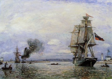 ヨハン・ジョンキント Painting - オンフルール港を出る船の海の風景 ヨハン・バルトルト・ヨンカインド